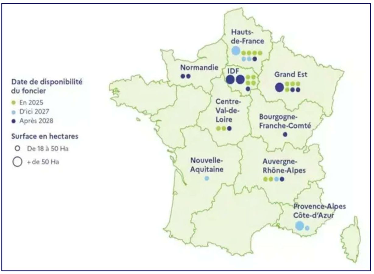 La carte régionale des 35 sites de centres de données dédiés à l’IA identifiés par le gouvernement.